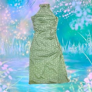 Satin Floral Fairy Green Maxi Halter Sleeveless Dress Leg Slit formal cocktail